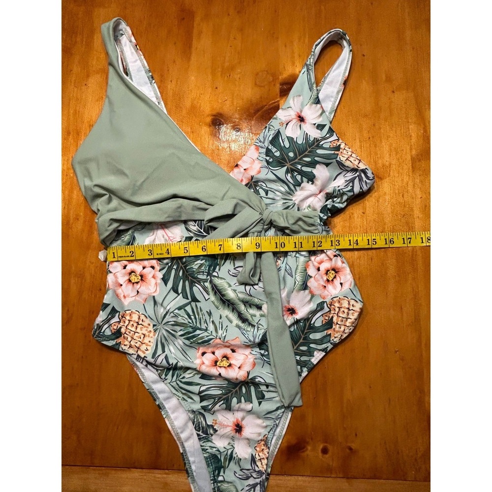 Tropical Floral Pineapple One Piece Swimsuit Sage Green Wrap Tie Large Boho Chic - Picture 6 of 11